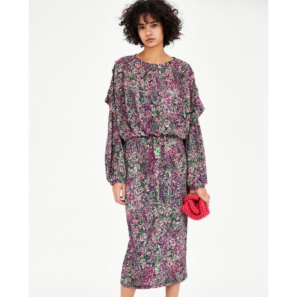 NWT Zara Metallic Jacquard Draped Midi Dress